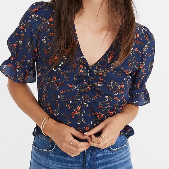 Madewell Tops - Madewell Silk Daylight Top in Moonless Floral V-Neck Button Front Size 12 Navy